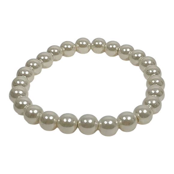 Faux Pearl Beaded Bracelet Plastic Off White Ivory Color Stretchy Cord Bridal 7" - Picture 1 of 16